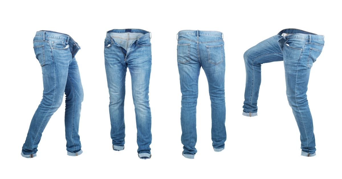 Four pairs of empty jeans in different poses, showing movement such as walking, standing, or lifting a leg.