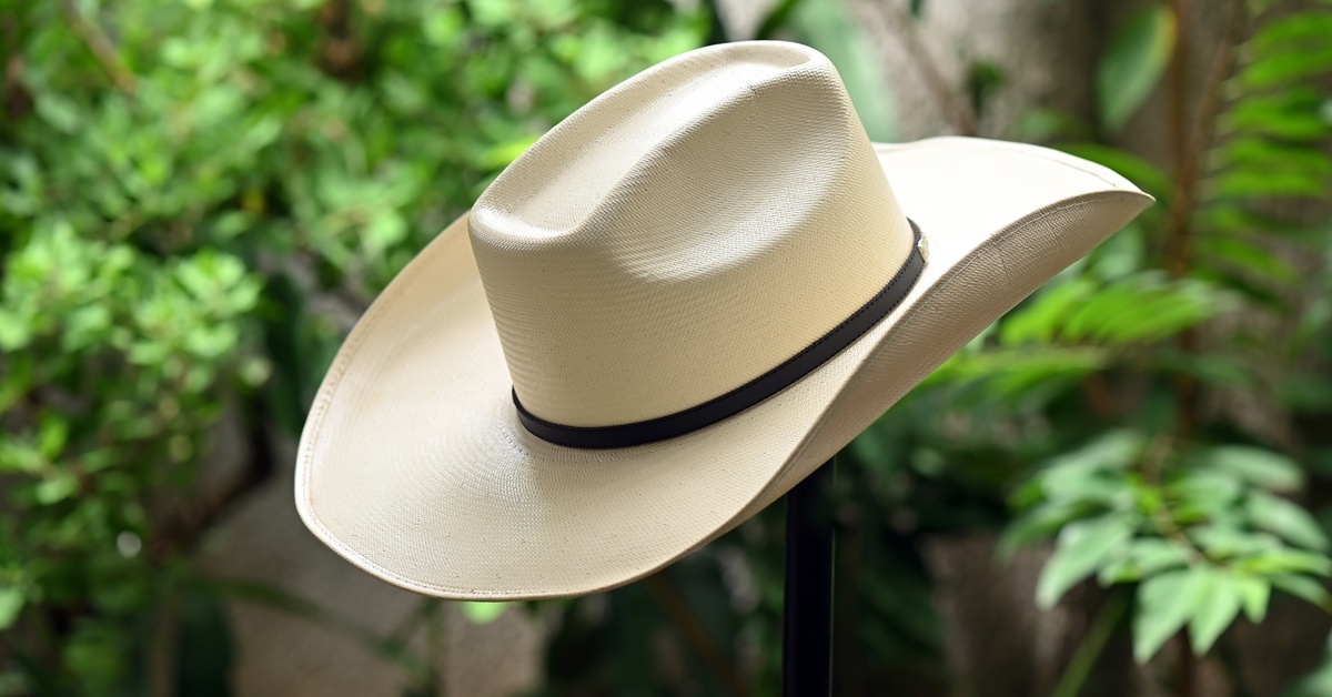 A white cowboy hat resting on a stand in front of some greenery. It has a black band around the crown.