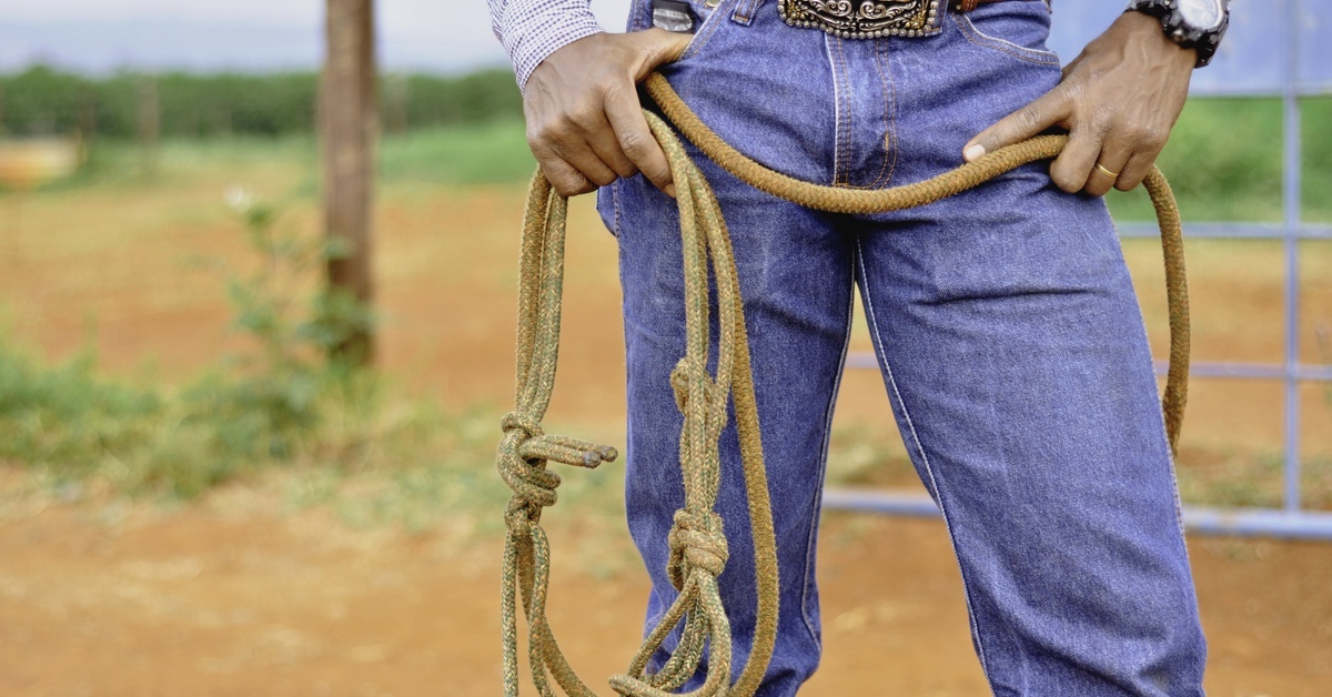 A man in jeans and a leather belt with a fancy buckle standing by a dusty pasture, gripping a rope with both hands.