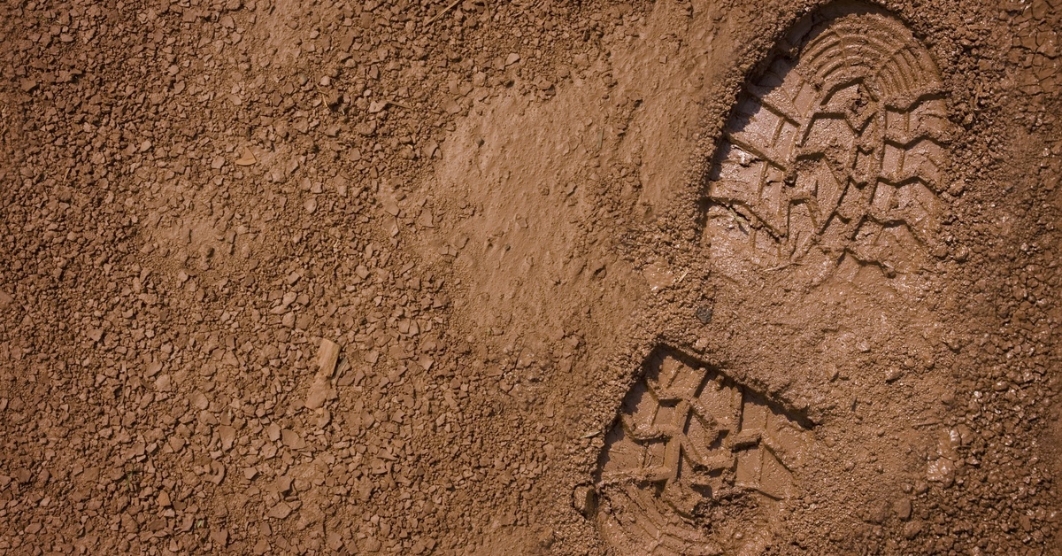 A single footprint pressed into wet mud, with open space around it and the marks on the sole visible in close-up.