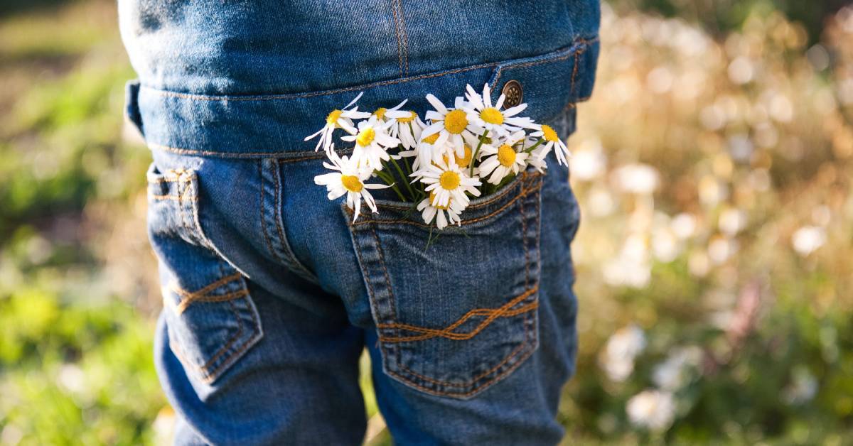 A child standing outdoors with white daisies tucked into a denim pants pocket near a grassy field.