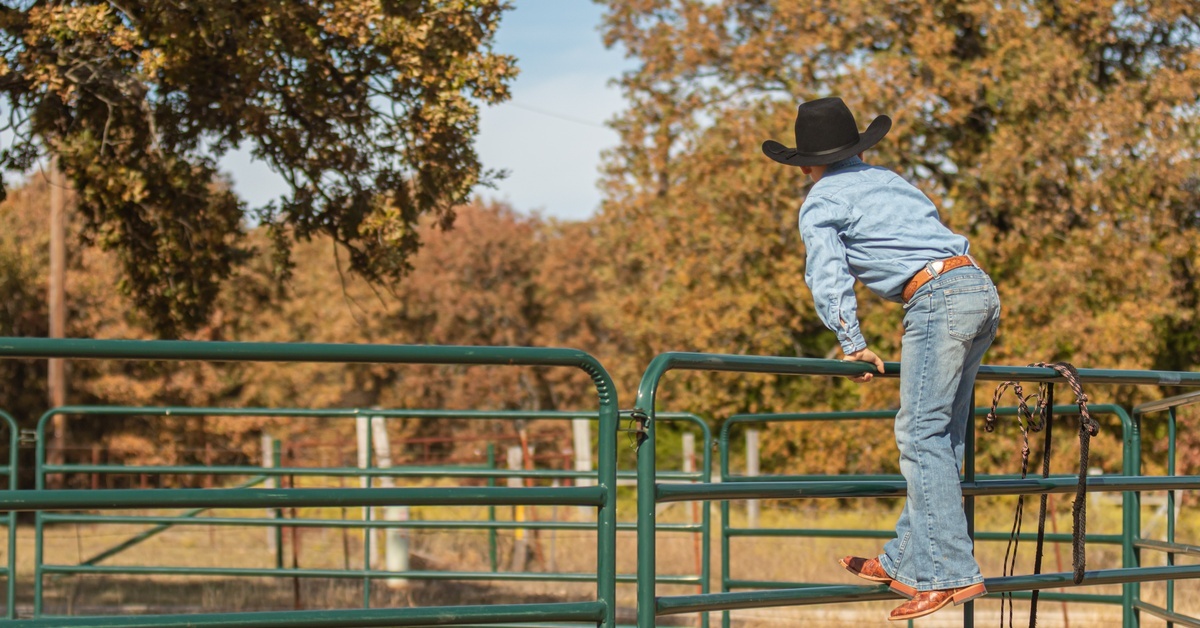 A child in a black cowboy hat and denim clothing climbing a green metal fence near trees outdoors in daylight. A child in a black cowboy hat and denim clothing climbing a green metal fence near trees outdoors in daylight.