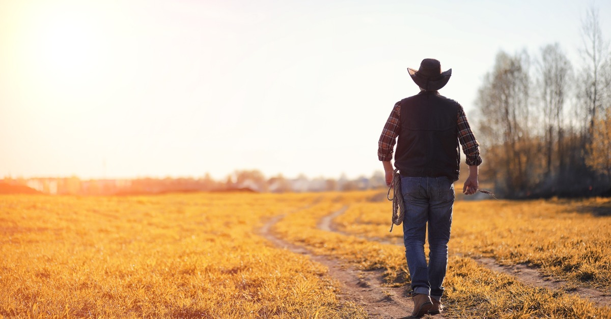 A person in a cowboy hat, plaid shirt, vest, and jeans walking along a dirt path through a golden field.